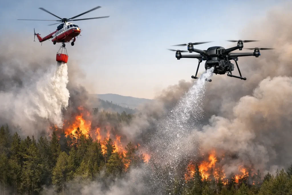 Cómo drones y helicópteros apagan incendios